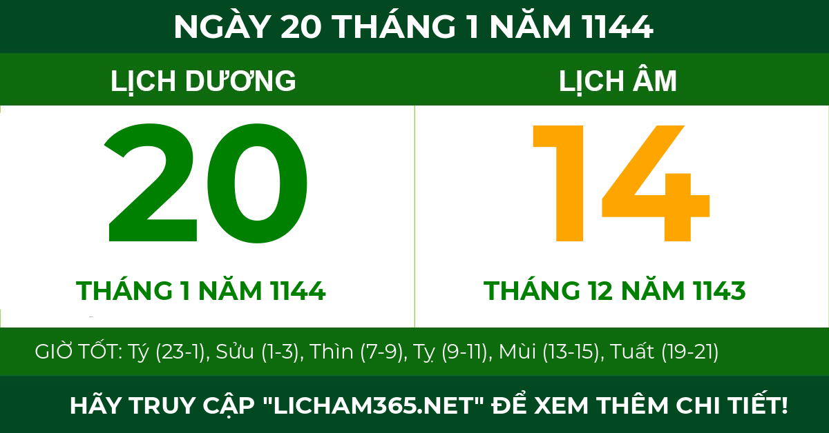lịch âm ngày 20 tháng 1 năm 1144