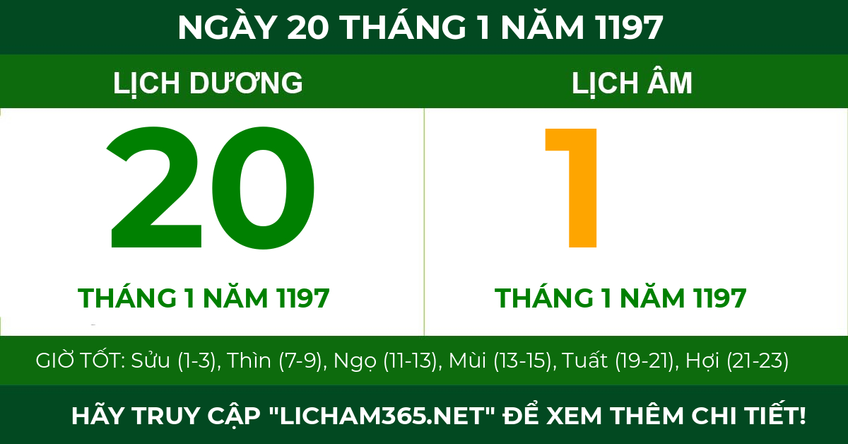 lịch âm ngày 20 tháng 1 năm 1197