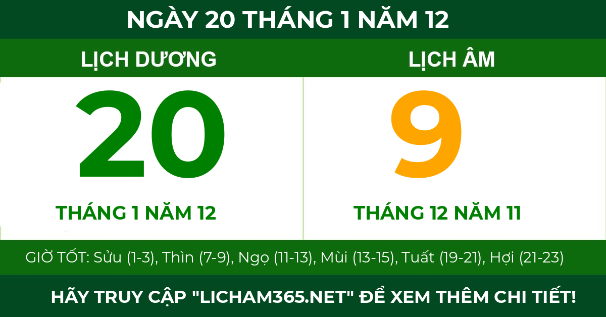 lịch âm ngày 20 tháng 1 năm 12