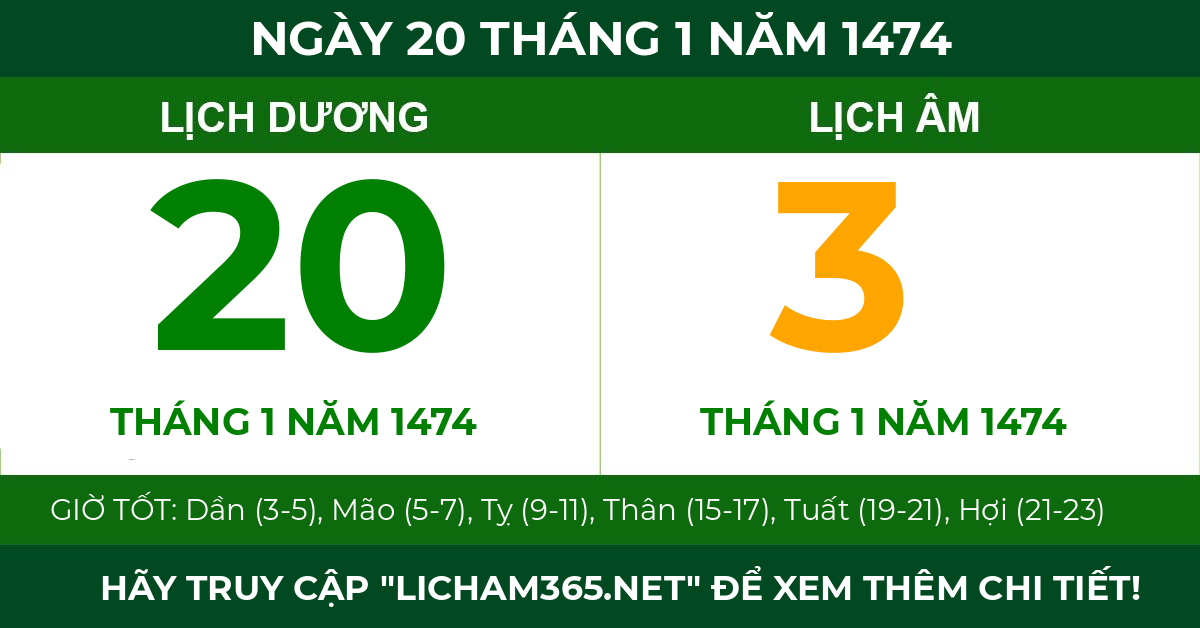 lịch âm ngày 20 tháng 1 năm 1474