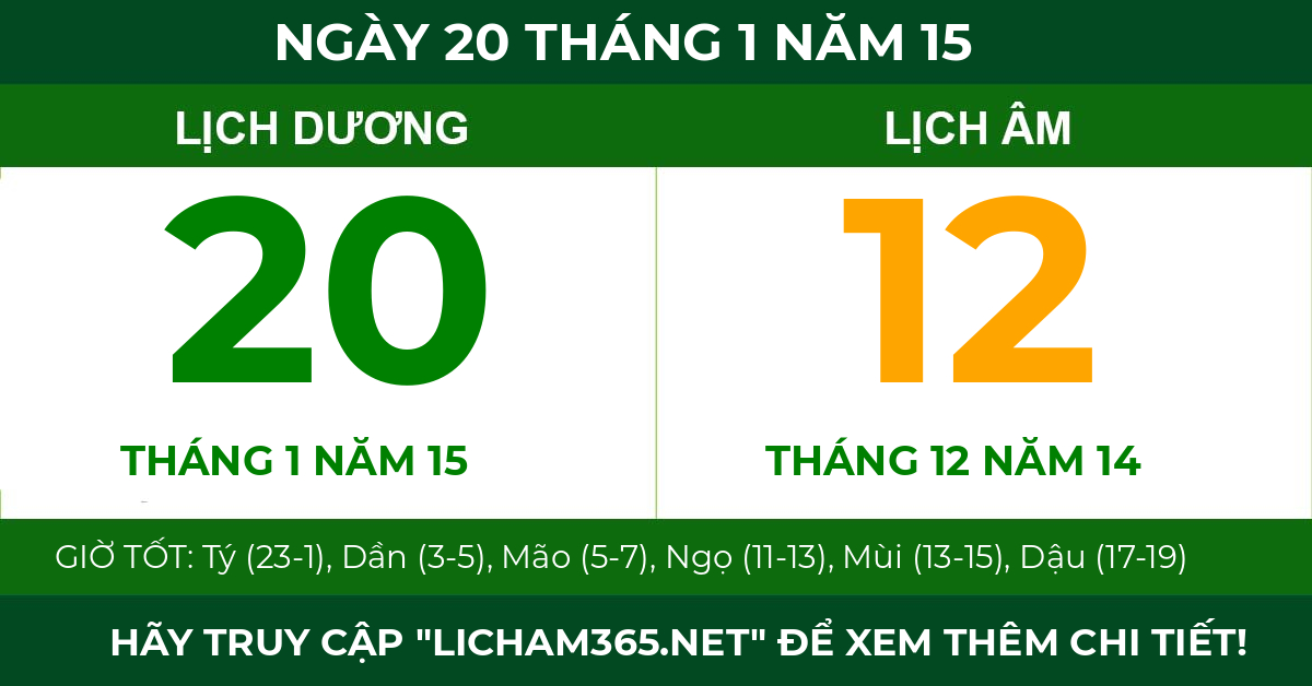 lịch âm ngày 20 tháng 1 năm 15