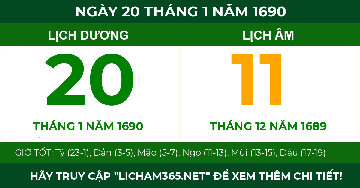 lịch âm ngày 20 tháng 1 năm 1690