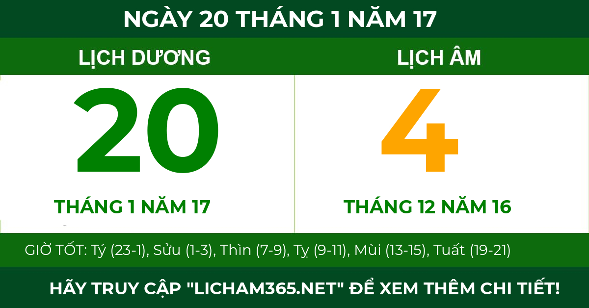 lịch âm ngày 20 tháng 1 năm 17