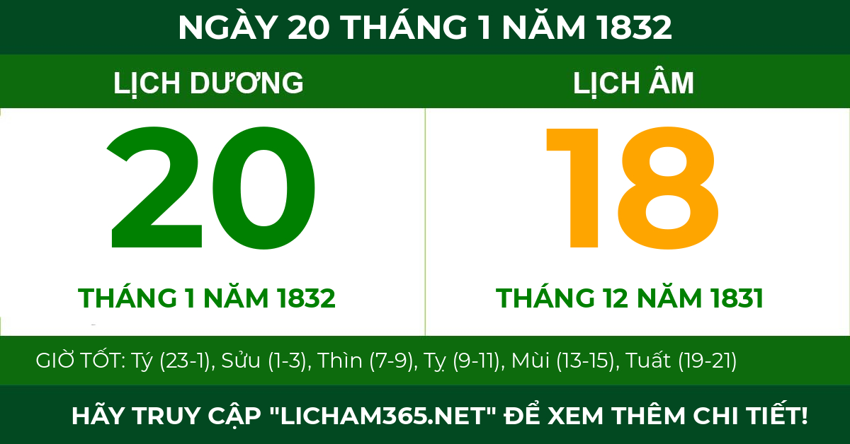 lịch âm ngày 20 tháng 1 năm 1832