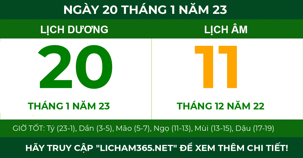 lịch âm ngày 20 tháng 1 năm 23