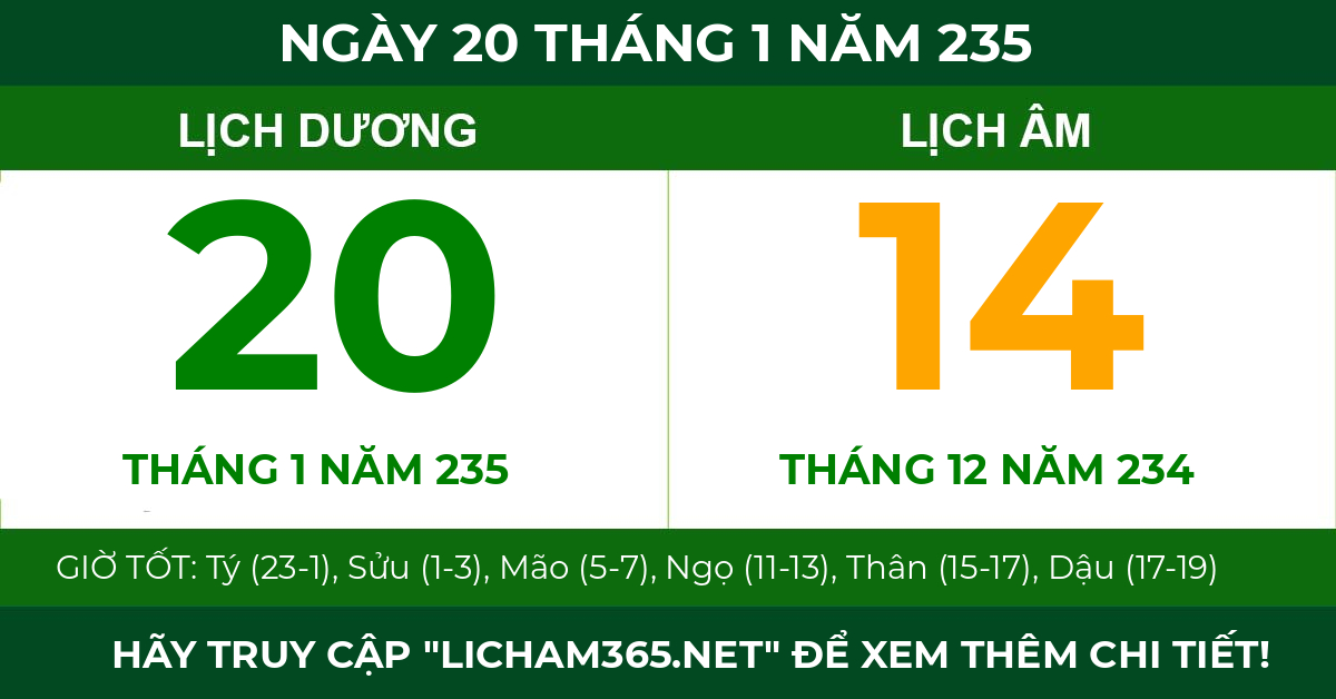 lịch âm ngày 20 tháng 1 năm 235