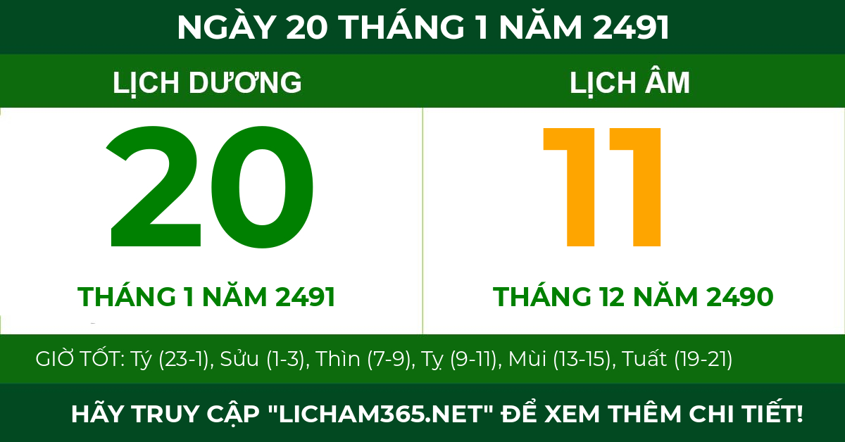 lịch âm ngày 20 tháng 1 năm 2491
