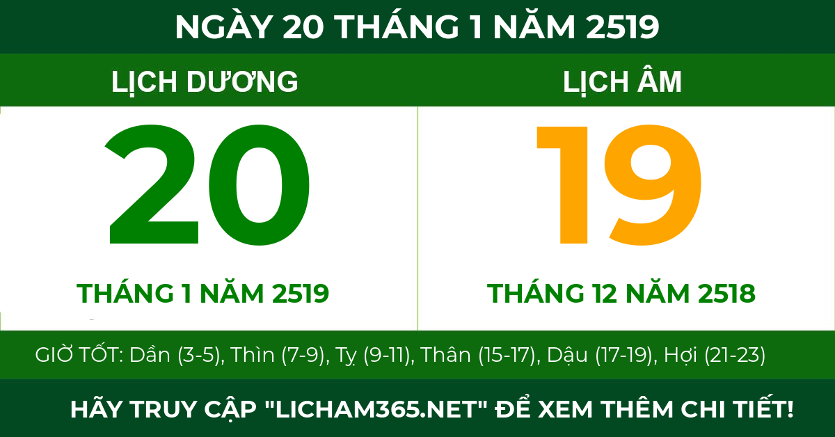 lịch âm ngày 20 tháng 1 năm 2519