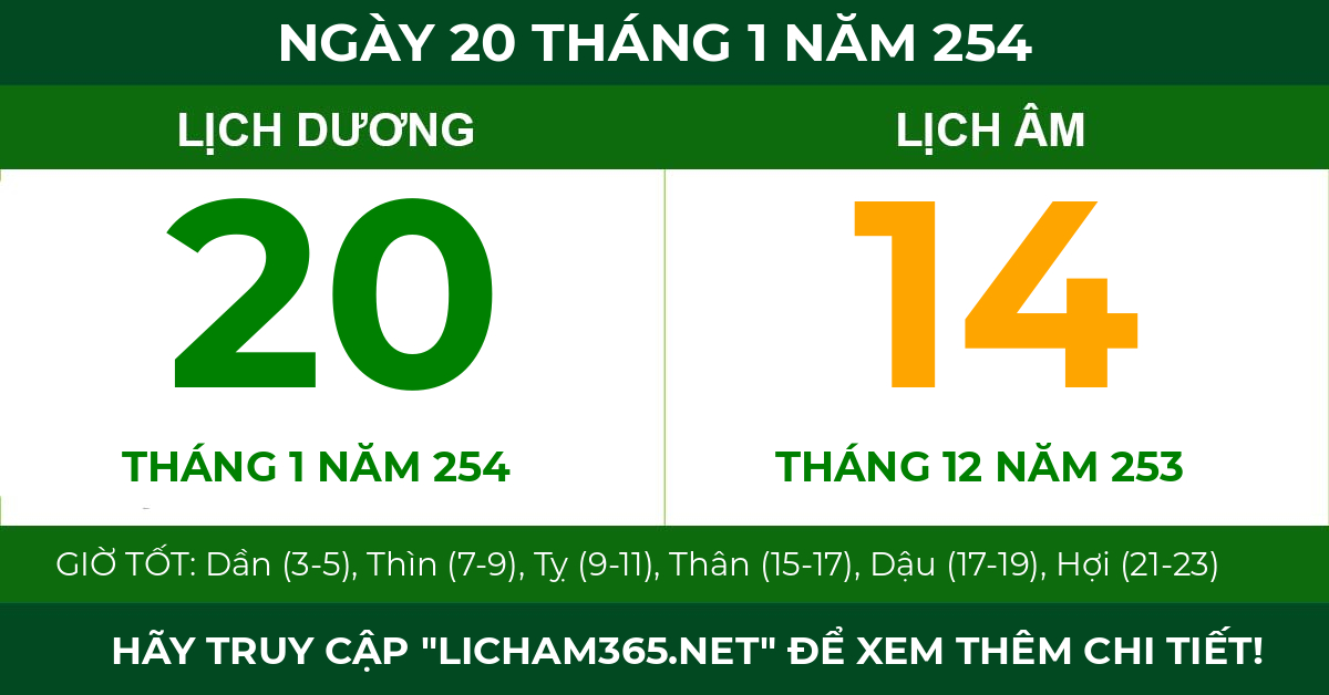 lịch âm ngày 20 tháng 1 năm 254