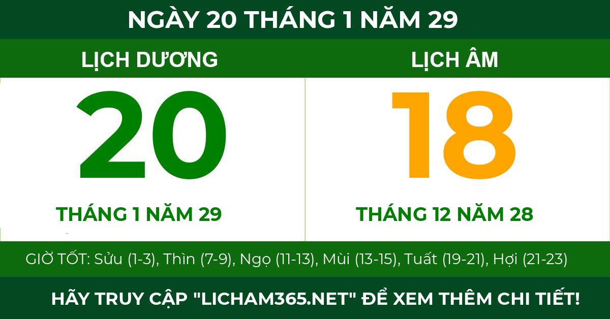 lịch âm ngày 20 tháng 1 năm 29