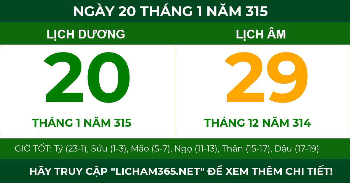 lịch âm ngày 20 tháng 1 năm 315