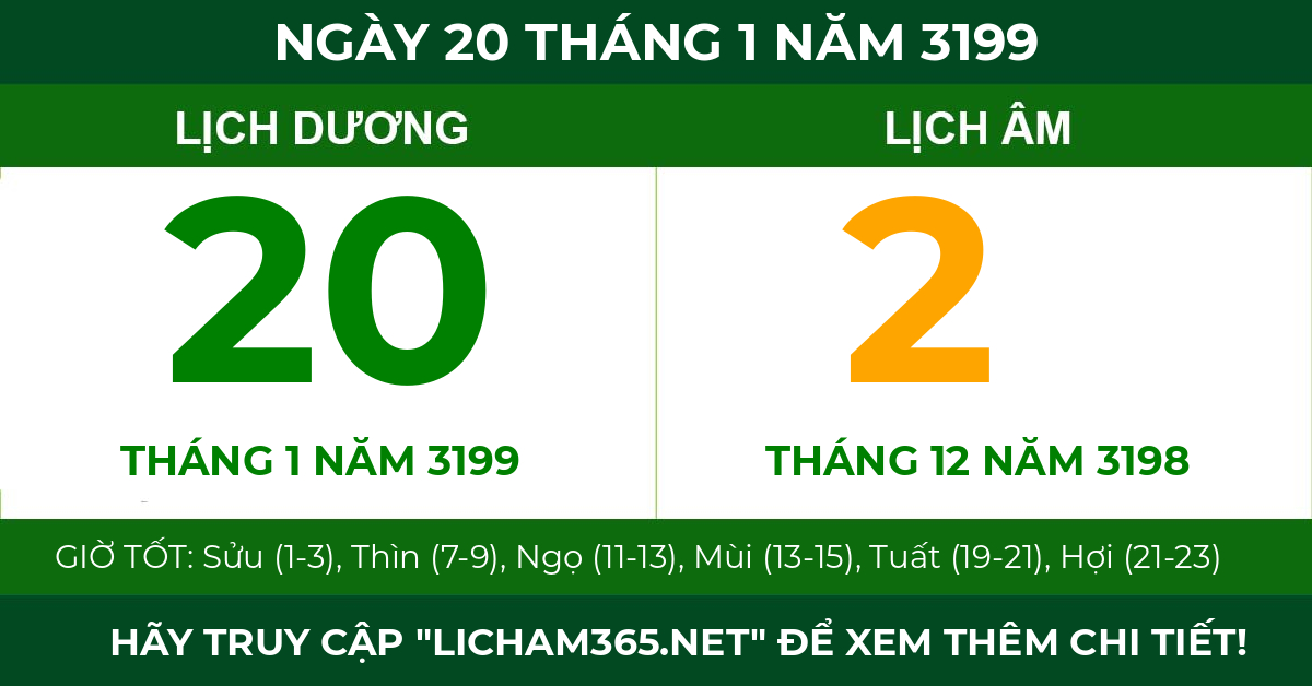 lịch âm ngày 20 tháng 1 năm 3199