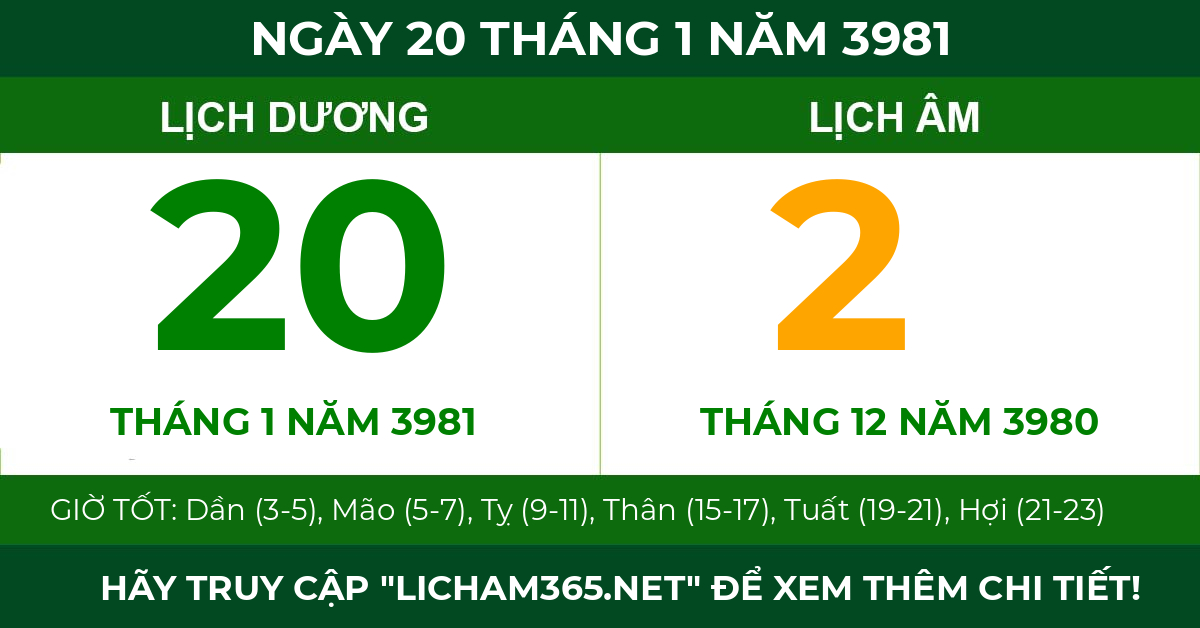 lịch âm ngày 20 tháng 1 năm 3981