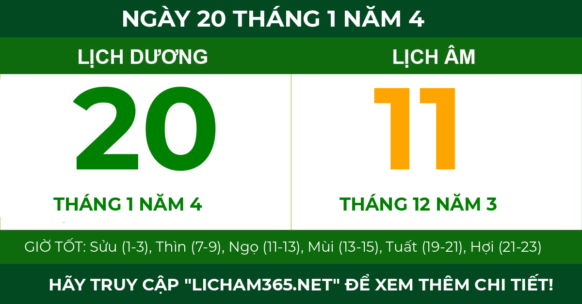 lịch âm ngày 20 tháng 1 năm 4