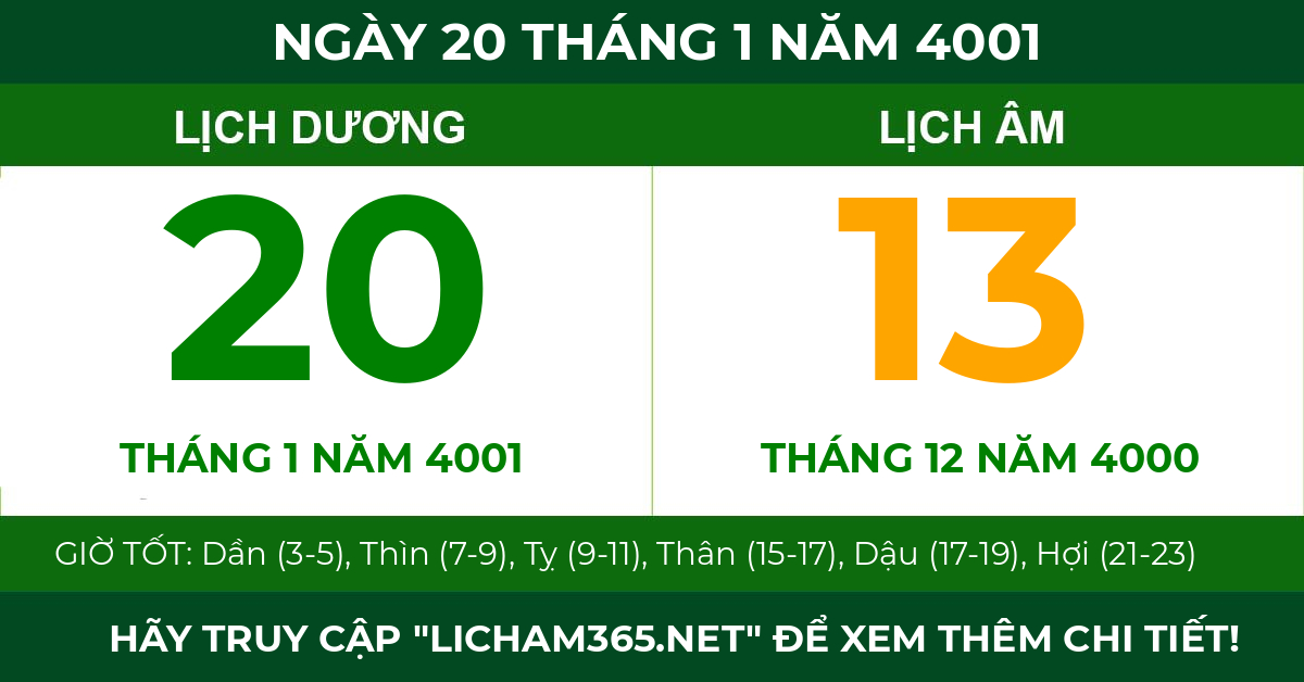 lịch âm ngày 20 tháng 1 năm 4001