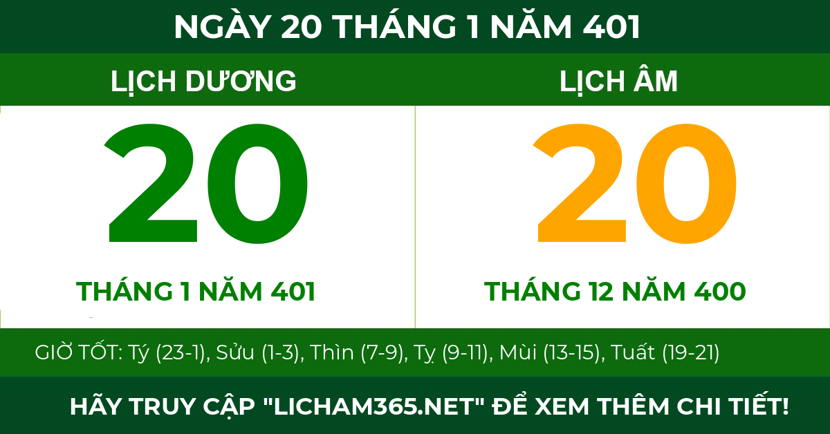 lịch âm ngày 20 tháng 1 năm 401