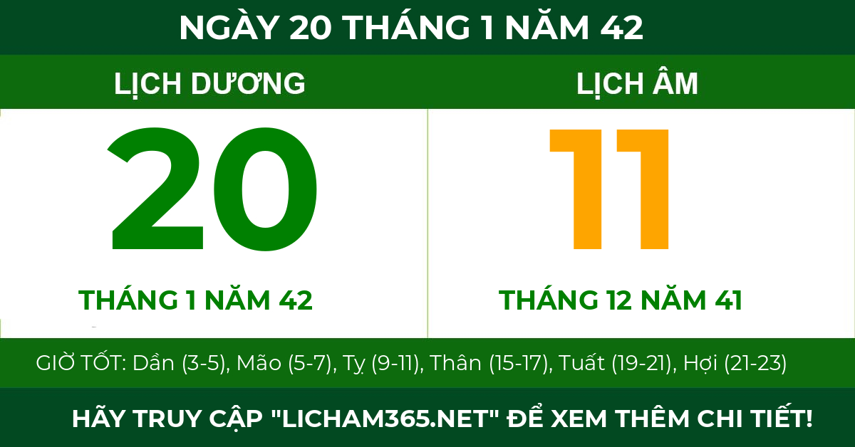lịch âm ngày 20 tháng 1 năm 42