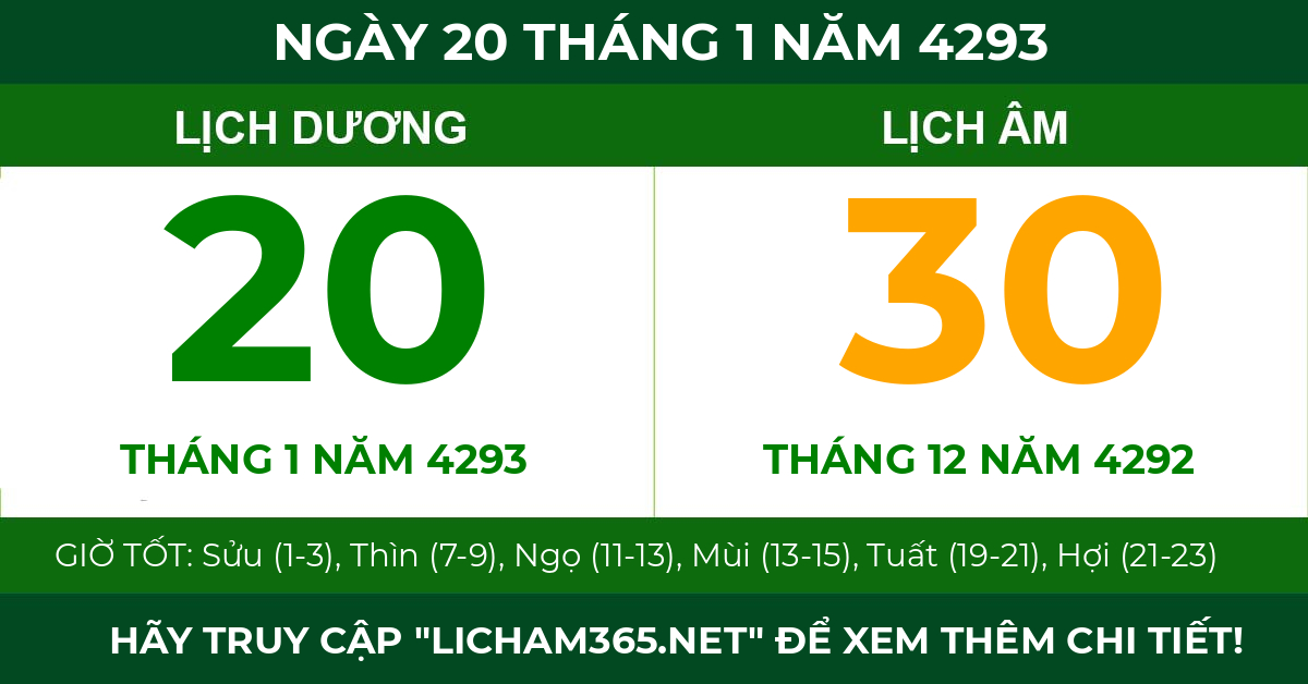 lịch âm ngày 20 tháng 1 năm 4293