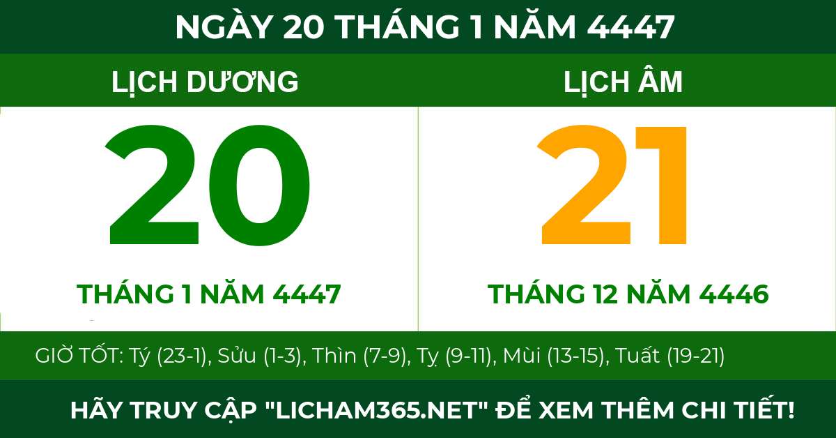 lịch âm ngày 20 tháng 1 năm 4447