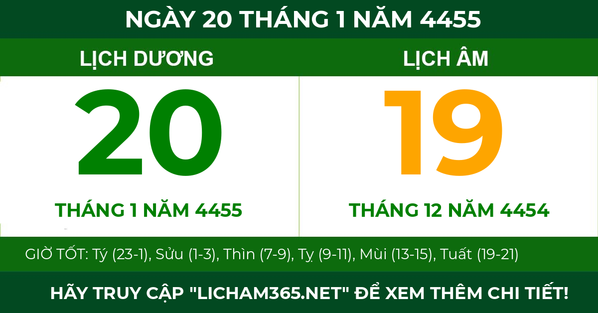 lịch âm ngày 20 tháng 1 năm 4455