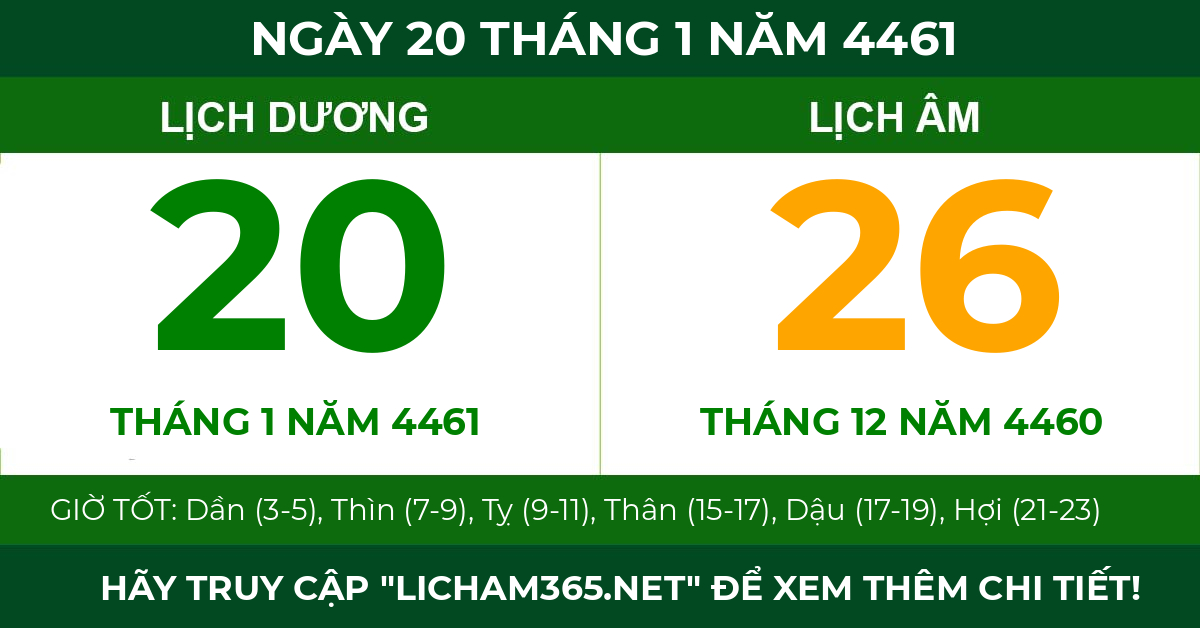 lịch âm ngày 20 tháng 1 năm 4461