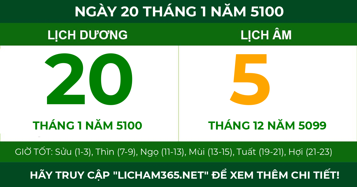 lịch âm ngày 20 tháng 1 năm 5100