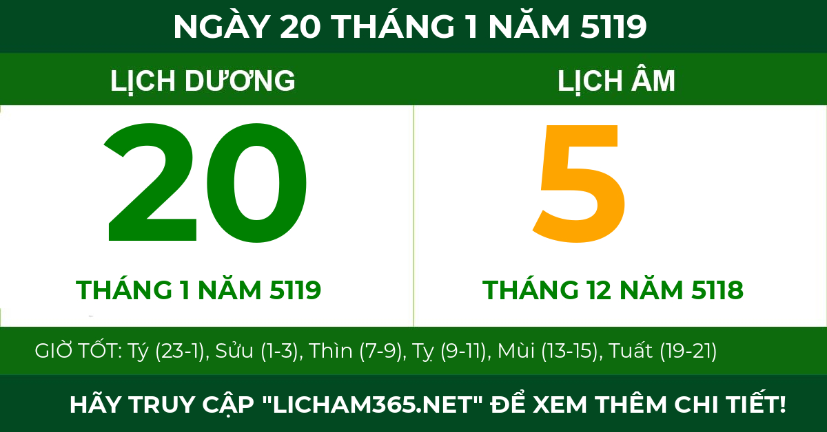 lịch âm ngày 20 tháng 1 năm 5119
