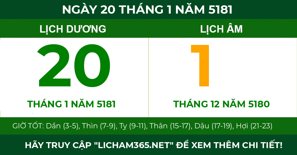 lịch âm ngày 20 tháng 1 năm 5181
