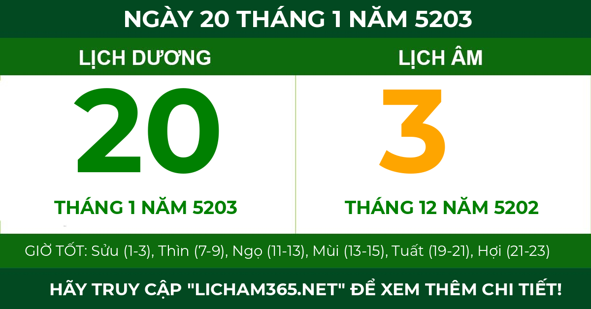 lịch âm ngày 20 tháng 1 năm 5203