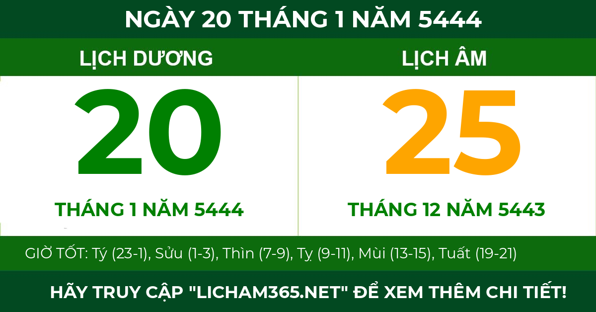 lịch âm ngày 20 tháng 1 năm 5444