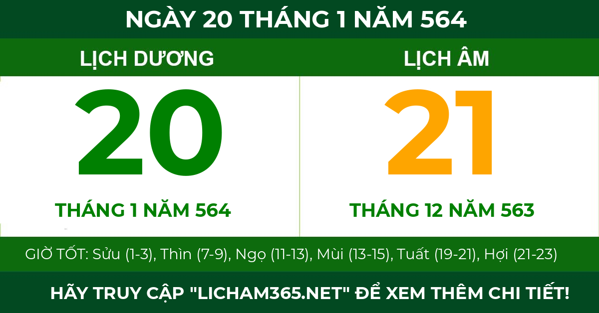 lịch âm ngày 20 tháng 1 năm 564
