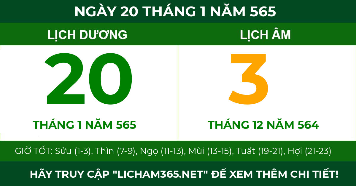 lịch âm ngày 20 tháng 1 năm 565