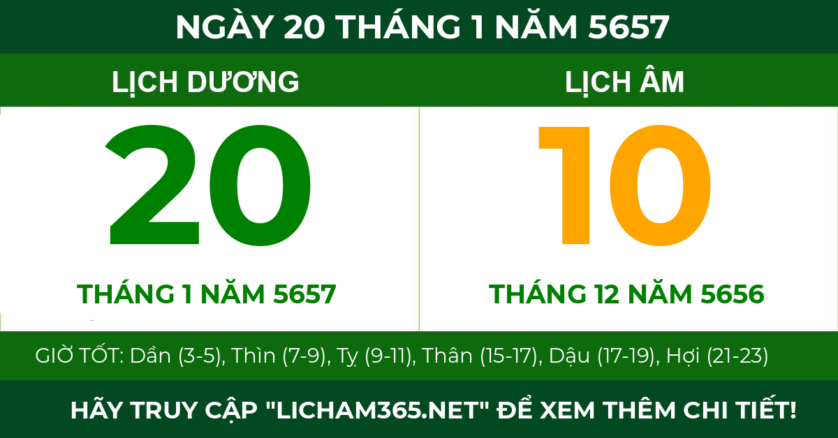 lịch âm ngày 20 tháng 1 năm 5657