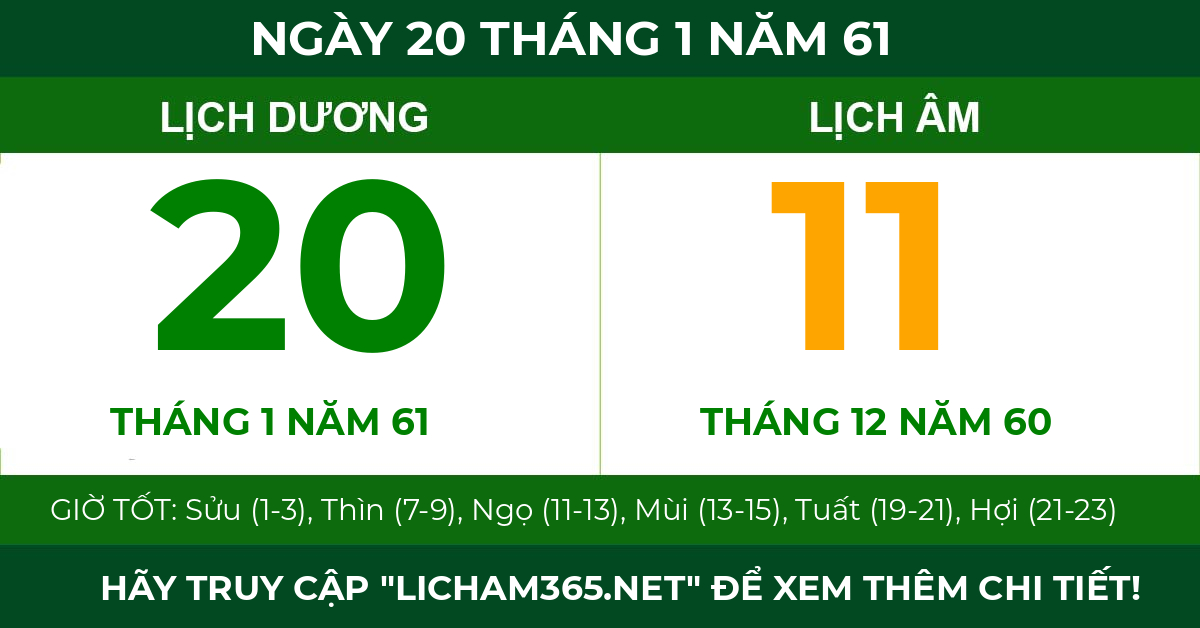 lịch âm ngày 20 tháng 1 năm 61