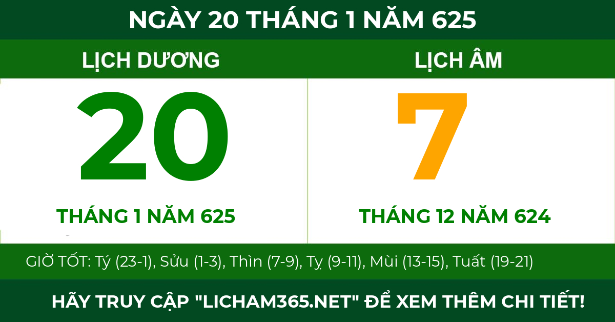 lịch âm ngày 20 tháng 1 năm 625