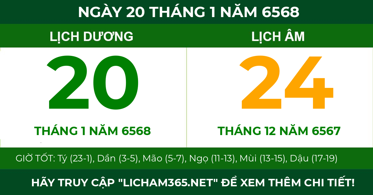 lịch âm ngày 20 tháng 1 năm 6568