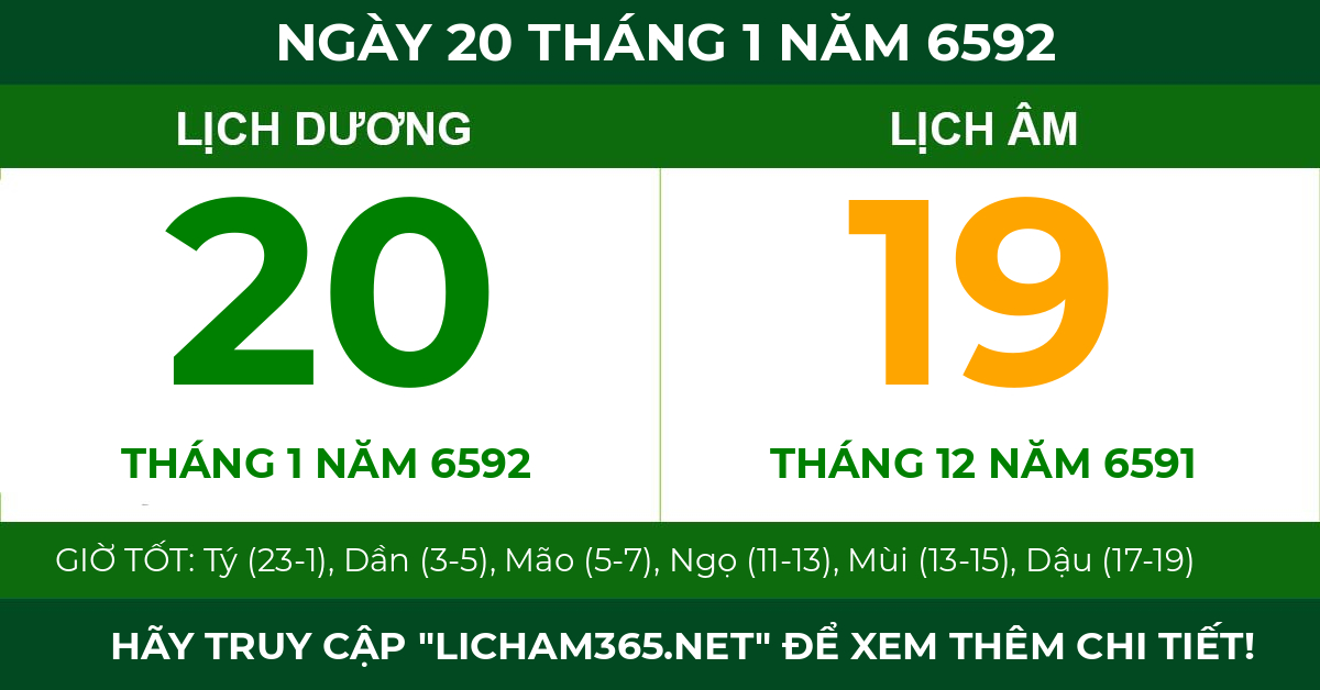 lịch âm ngày 20 tháng 1 năm 6592