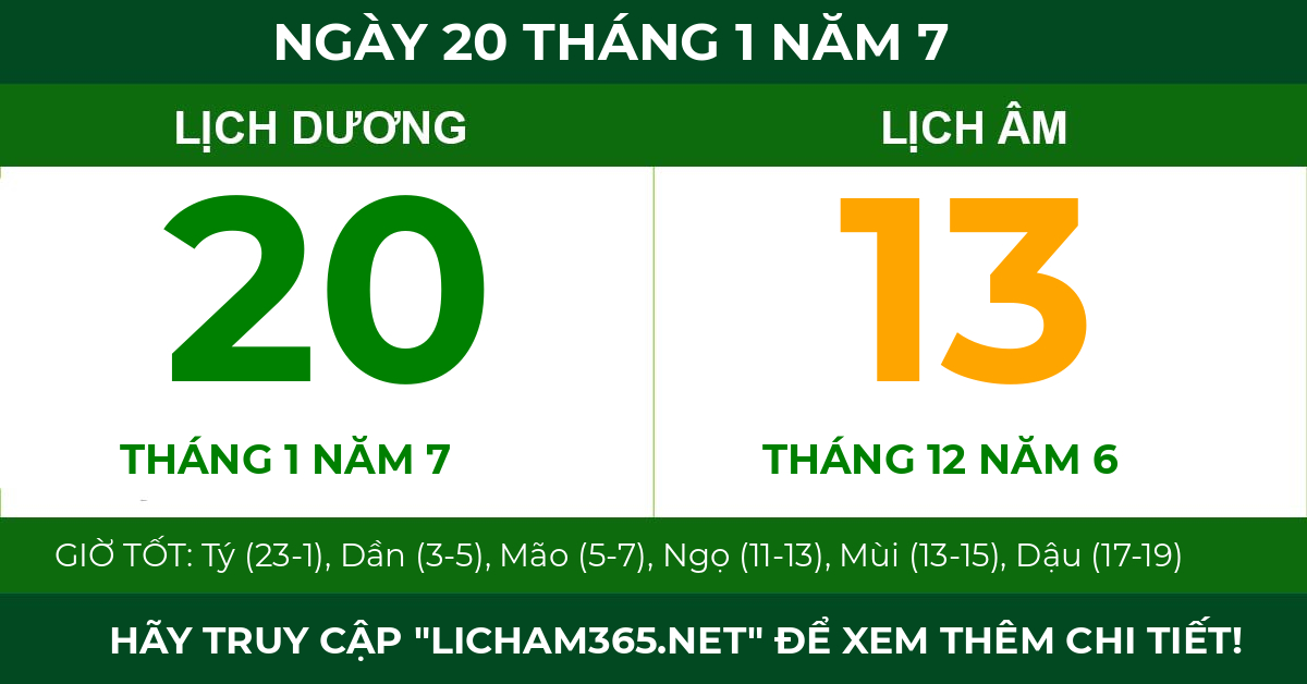 lịch âm ngày 20 tháng 1 năm 7