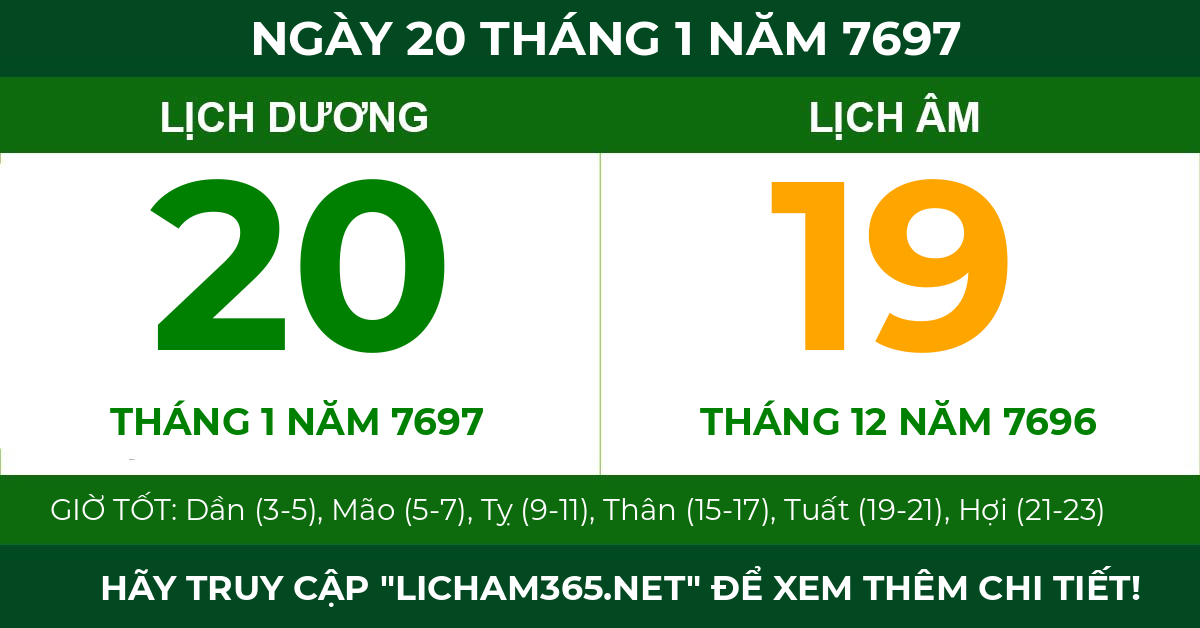 lịch âm ngày 20 tháng 1 năm 7697