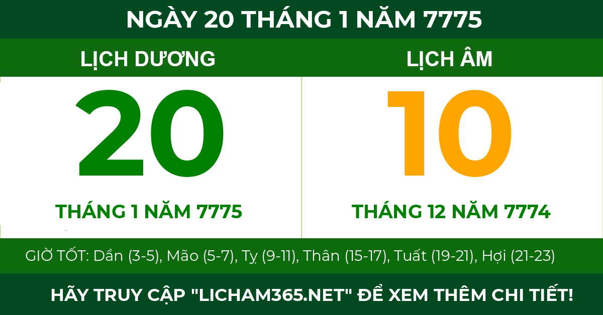 lịch âm ngày 20 tháng 1 năm 7775