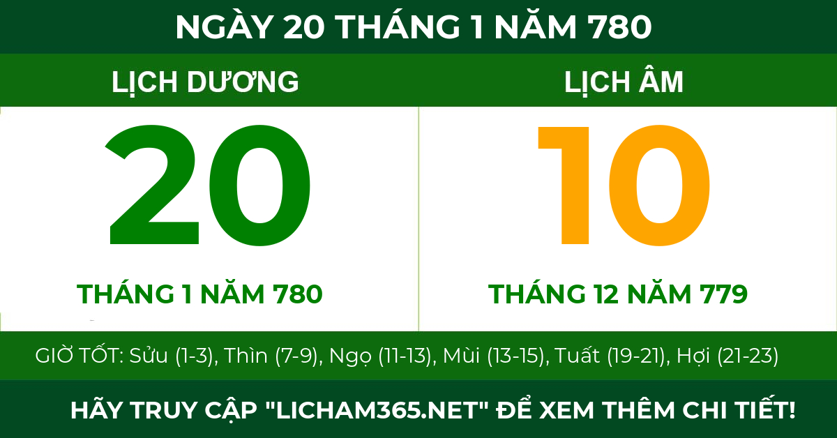 lịch âm ngày 20 tháng 1 năm 780