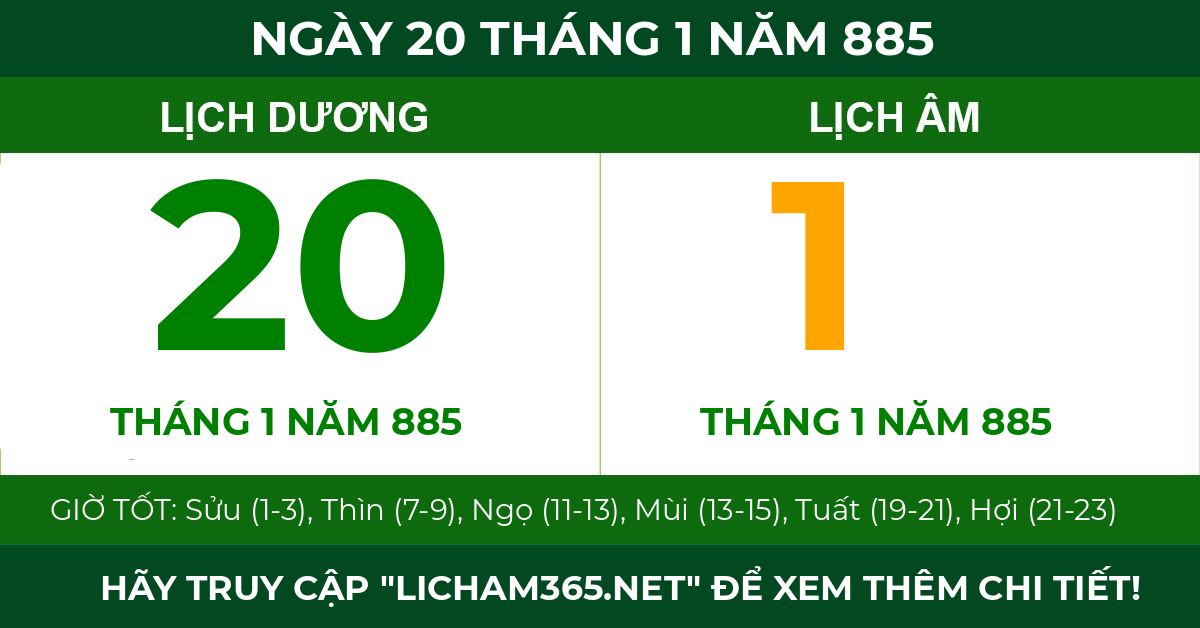 lịch âm ngày 20 tháng 1 năm 885