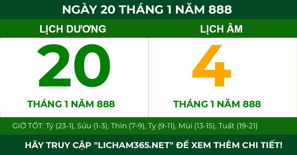lịch âm ngày 20 tháng 1 năm 888