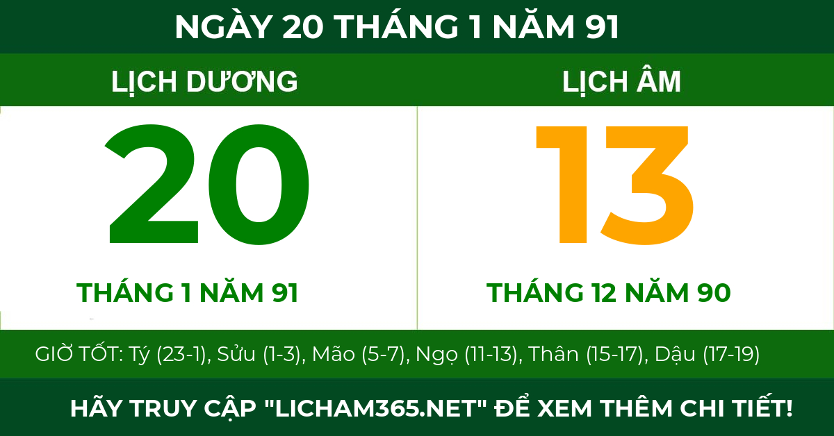 lịch âm ngày 20 tháng 1 năm 91
