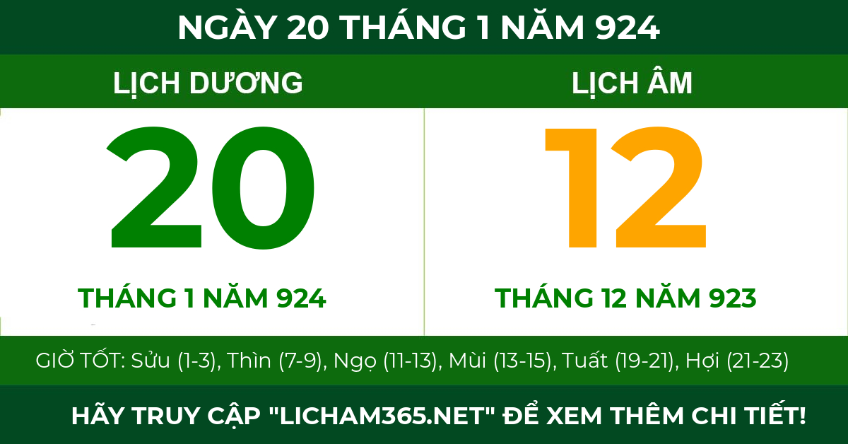lịch âm ngày 20 tháng 1 năm 924