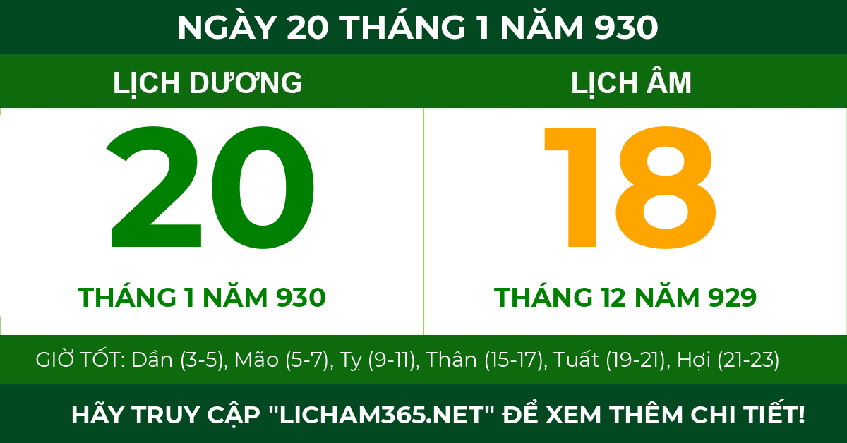 lịch âm ngày 20 tháng 1 năm 930