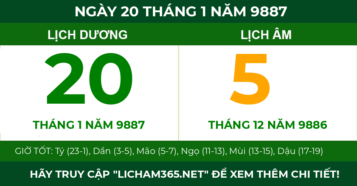 lịch âm ngày 20 tháng 1 năm 9887