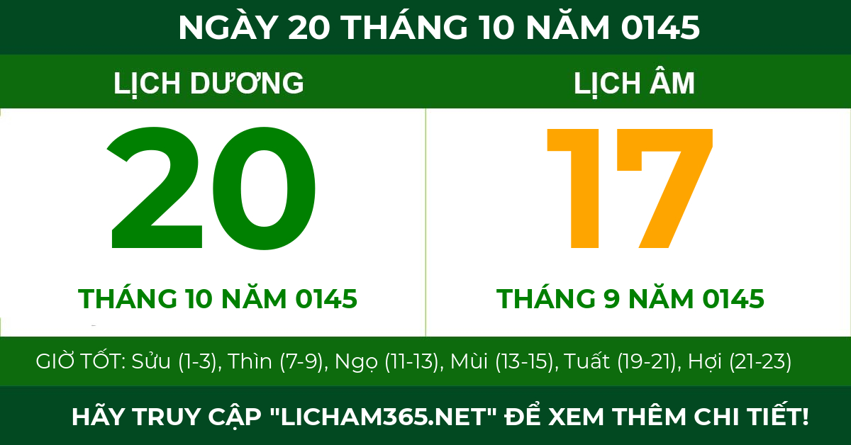 lịch âm ngày 20 tháng 10 năm 0145