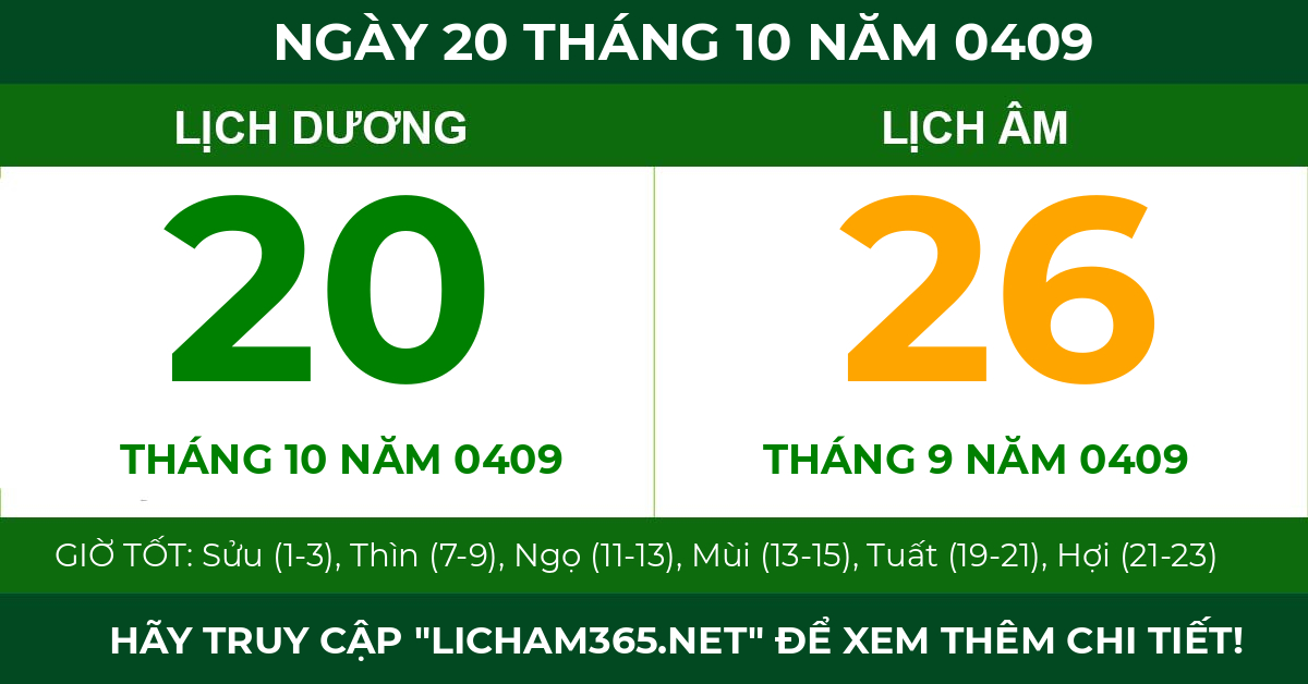 lịch âm ngày 20 tháng 10 năm 0409
