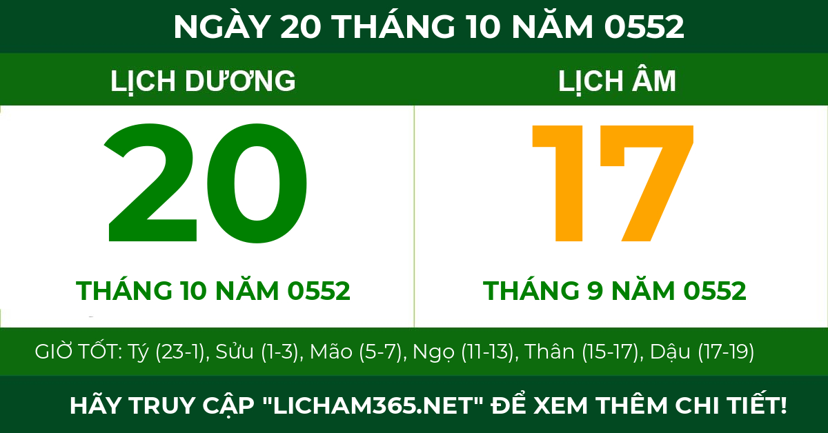 lịch âm ngày 20 tháng 10 năm 0552